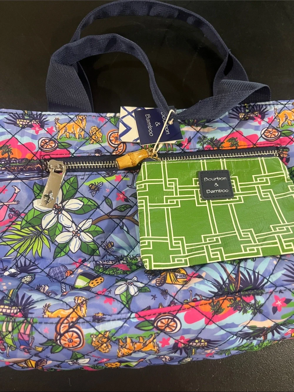 Katherine Way Quilted Tropical Print Insulated Tote with coin pouch Blue & Green